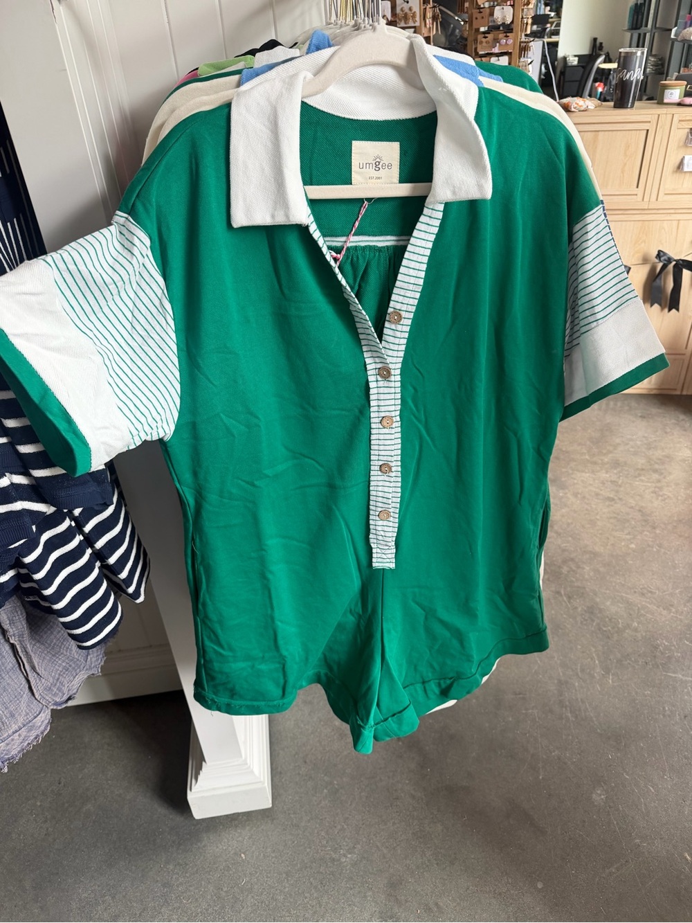 Umgee Green Short Sleeve Romper with White Trim